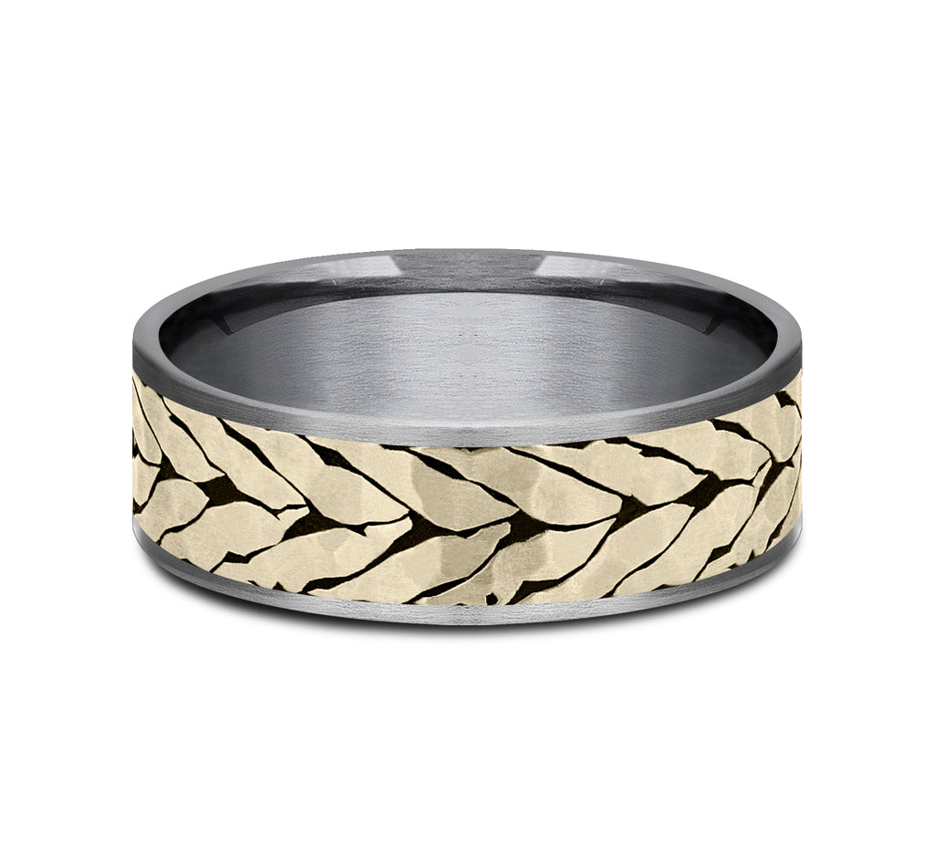 THE MEDALLION 7.5mm, Comfort fit, Grey Tantalum and 14K Yellow Gold, Hammered chevron pattern, thin edges