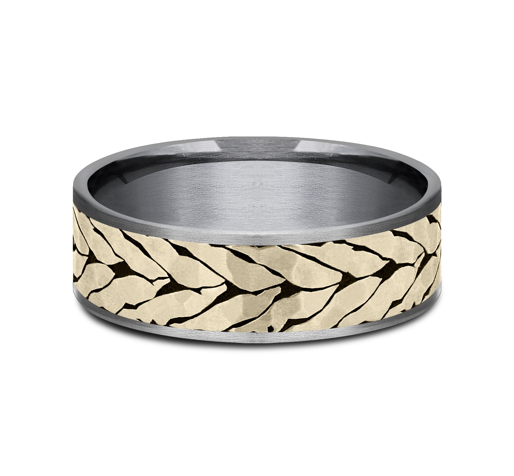 THE MEDALLION 7.5mm, Comfort fit, Grey Tantalum and 14K Yellow Gold, Hammered chevron pattern, thin edges