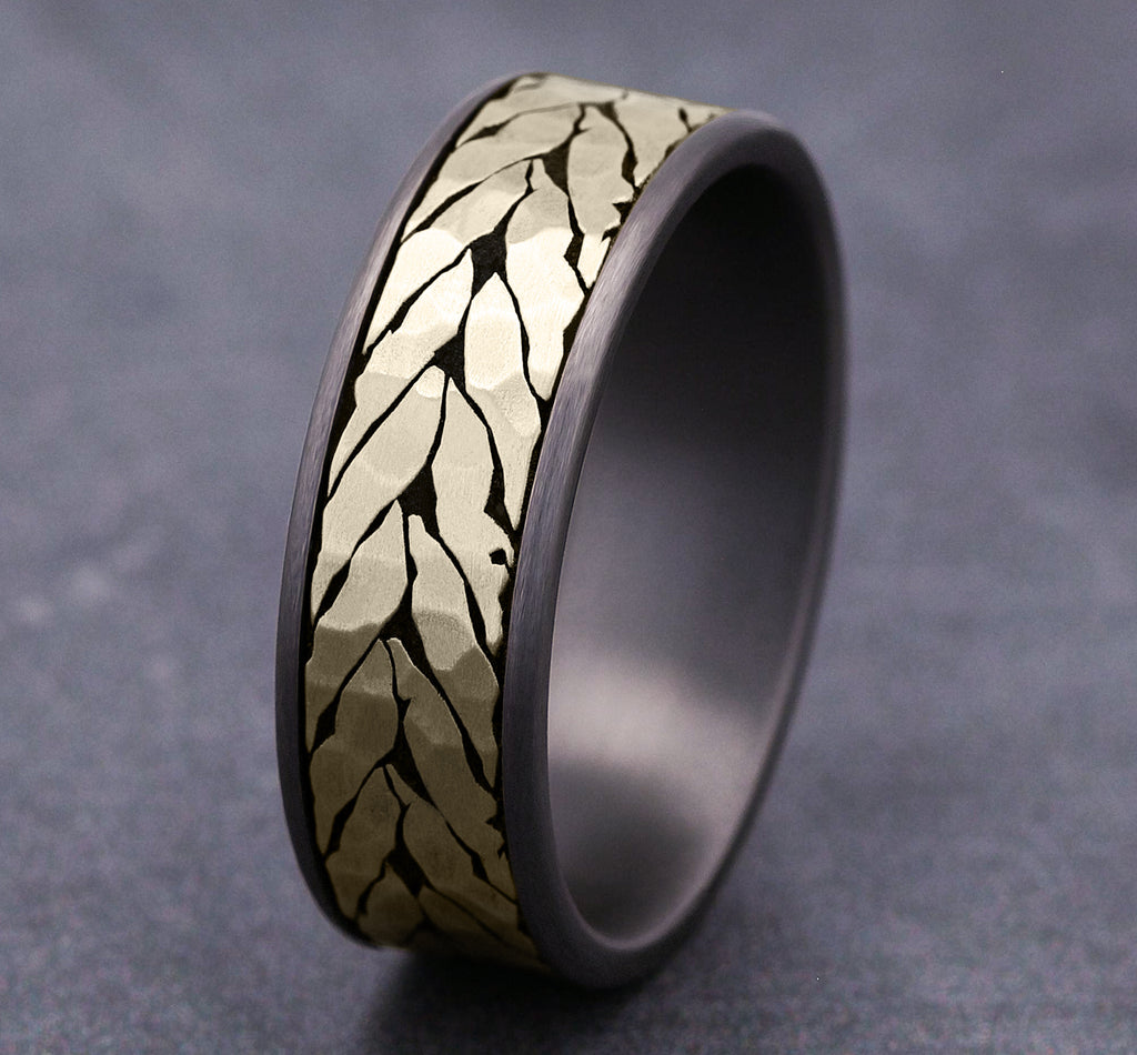 THE MEDALLION 7.5mm, Comfort fit, Grey Tantalum and 14K Yellow Gold, Hammered chevron pattern, thin edges
