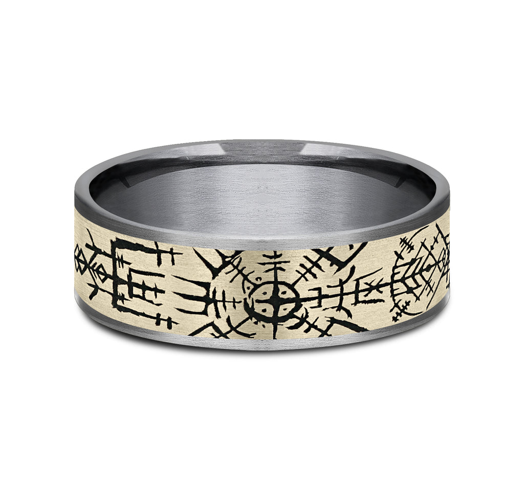 THE VIKING 7.5mm, Comfort fit, Grey Tantalum and 14K Yellow Gold, Viking compass pattern, thin edges