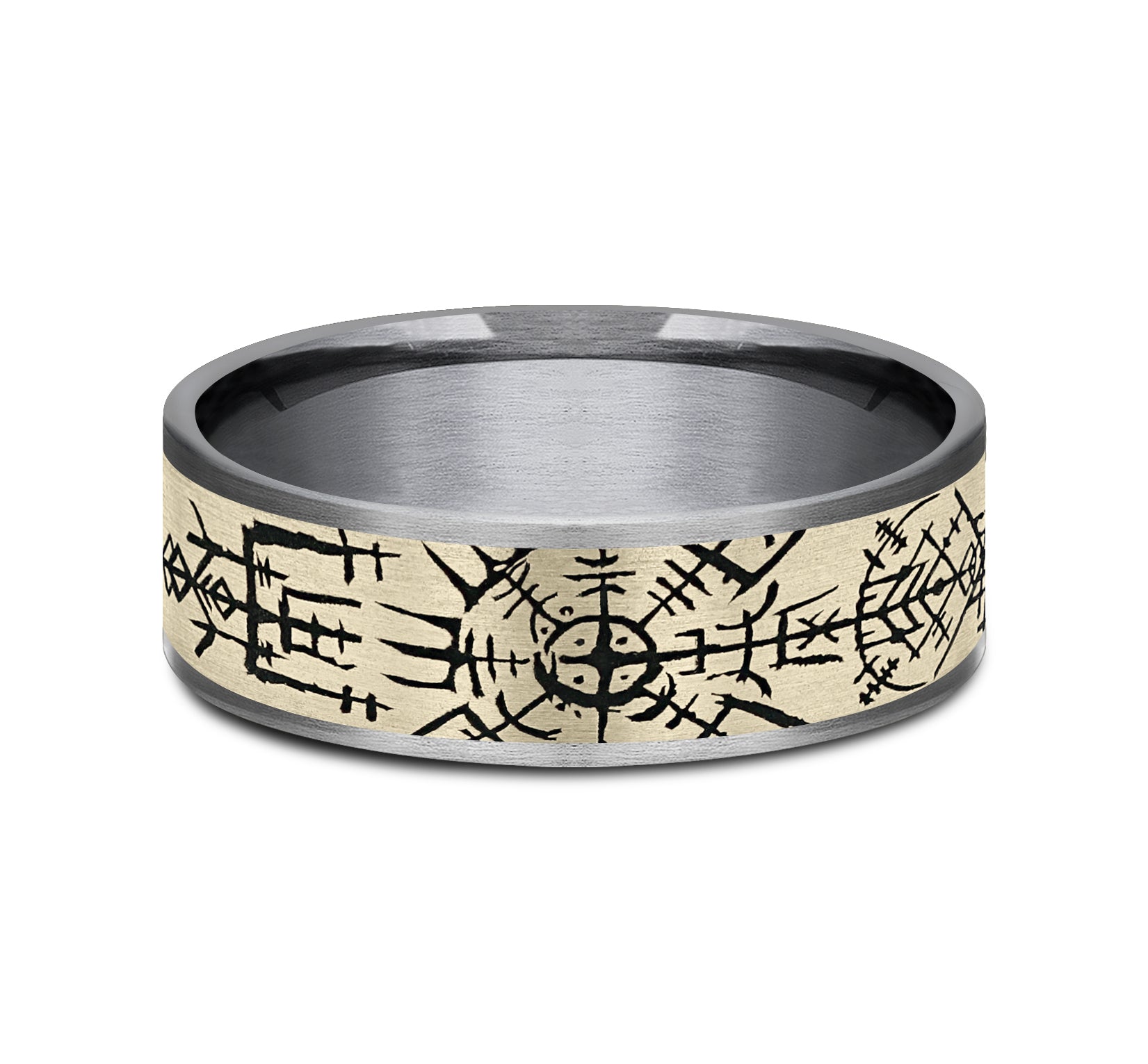 THE VIKING 7.5mm, Comfort fit, Grey Tantalum and 14K Yellow Gold, Viking compass pattern, thin edges