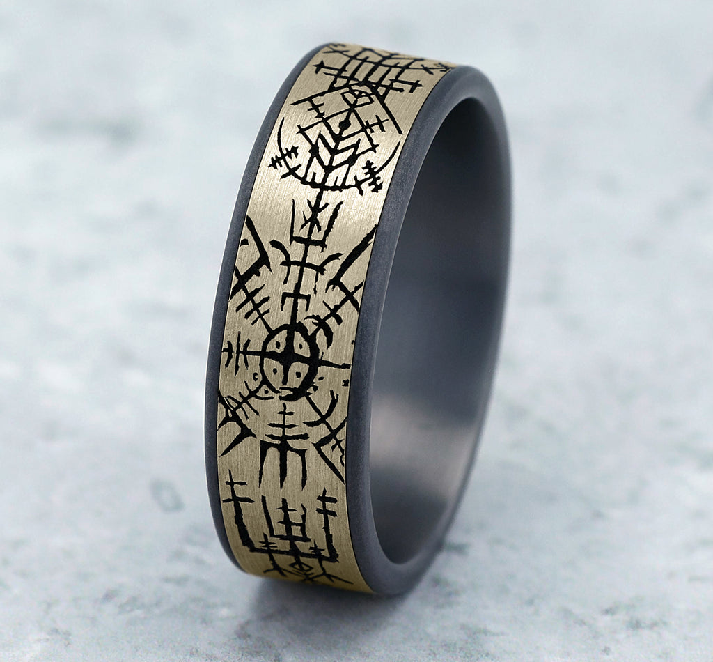 THE VIKING 7.5mm, Comfort fit, Grey Tantalum and 14K Yellow Gold, Viking compass pattern, thin edges