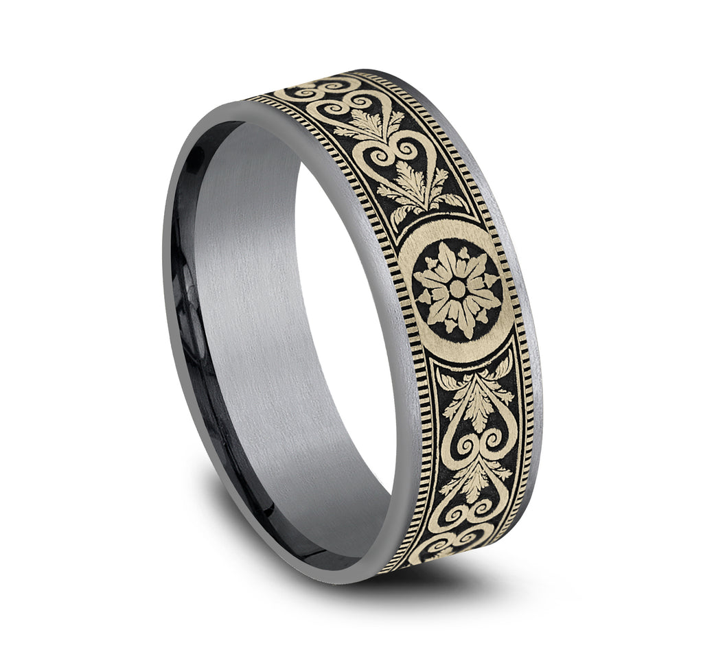 THE PORTAL 7.5mm, Comfort fit, Grey Tantalum and 14K Yellow Gold, Script pattern, thin edges