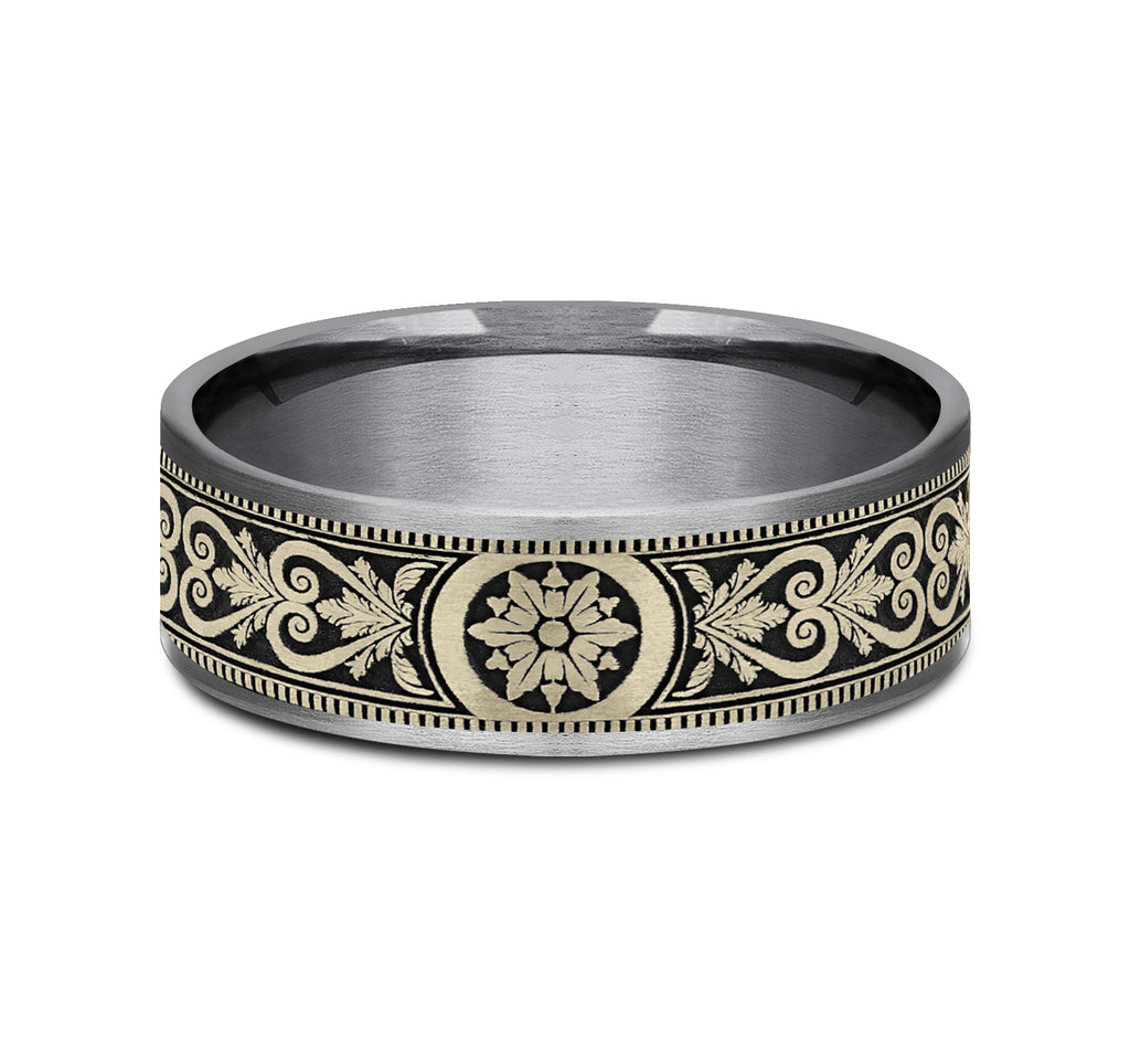 THE PORTAL 7.5mm, Comfort fit, Grey Tantalum and 14K Yellow Gold, Script pattern, thin edges