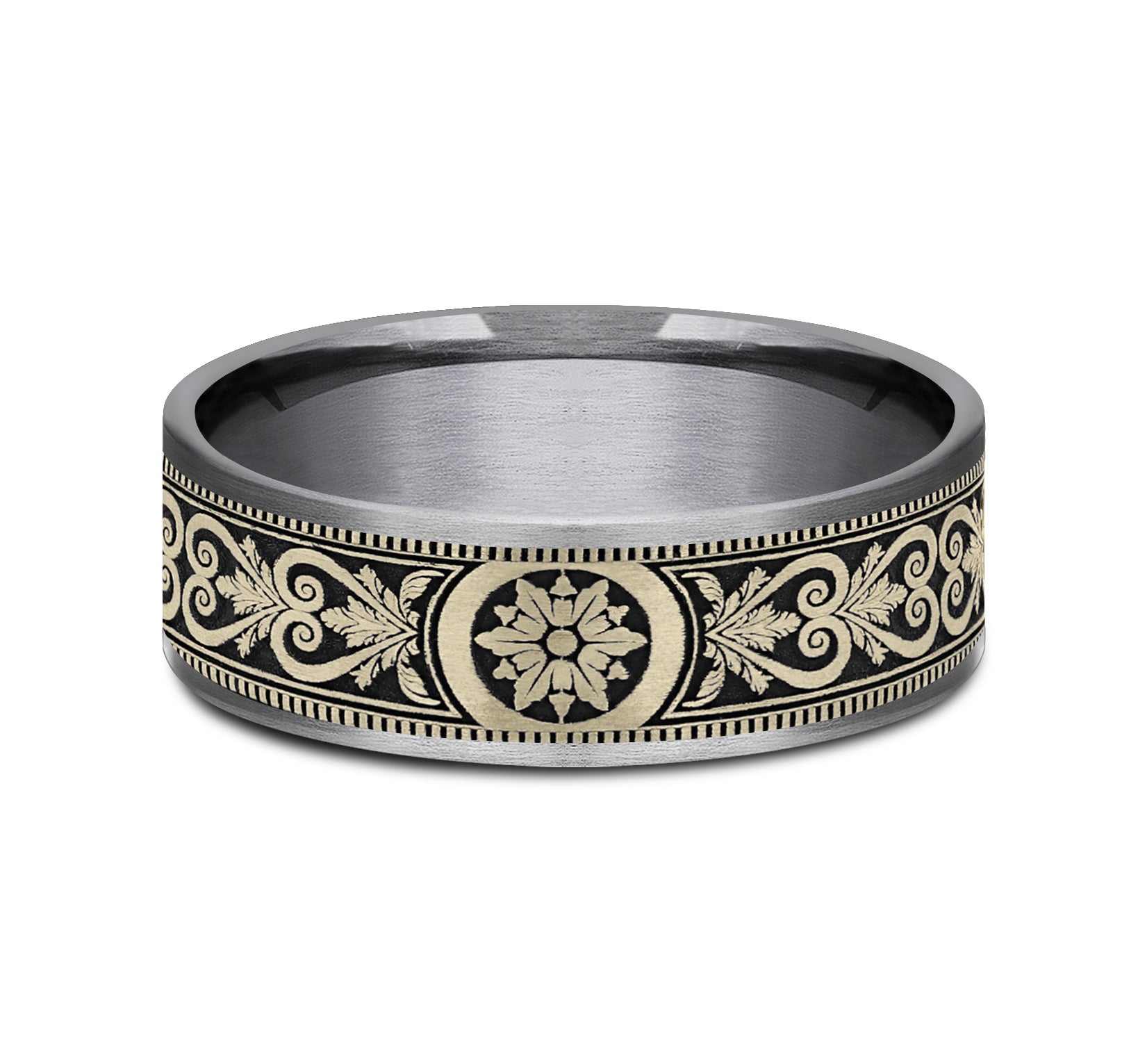 THE PORTAL 7.5mm, Comfort fit, Grey Tantalum and 14K Yellow Gold, Script pattern, thin edges