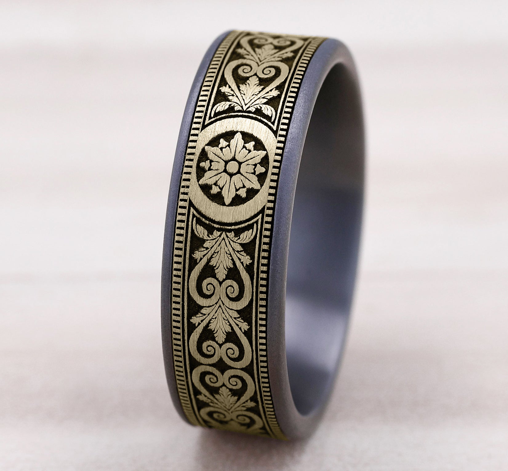 THE PORTAL 7.5mm, Comfort fit, Grey Tantalum and 14K Yellow Gold, Script pattern, thin edges
