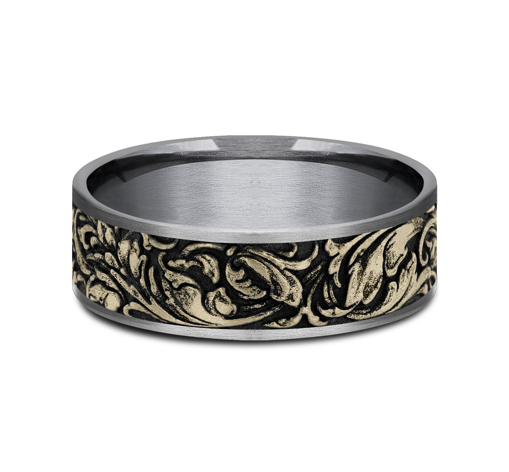 THE VINEYARD 7.5mm, Comfort fit, Grey Tantalum and 14K Yellow Gold, Vine pattern, thin edges