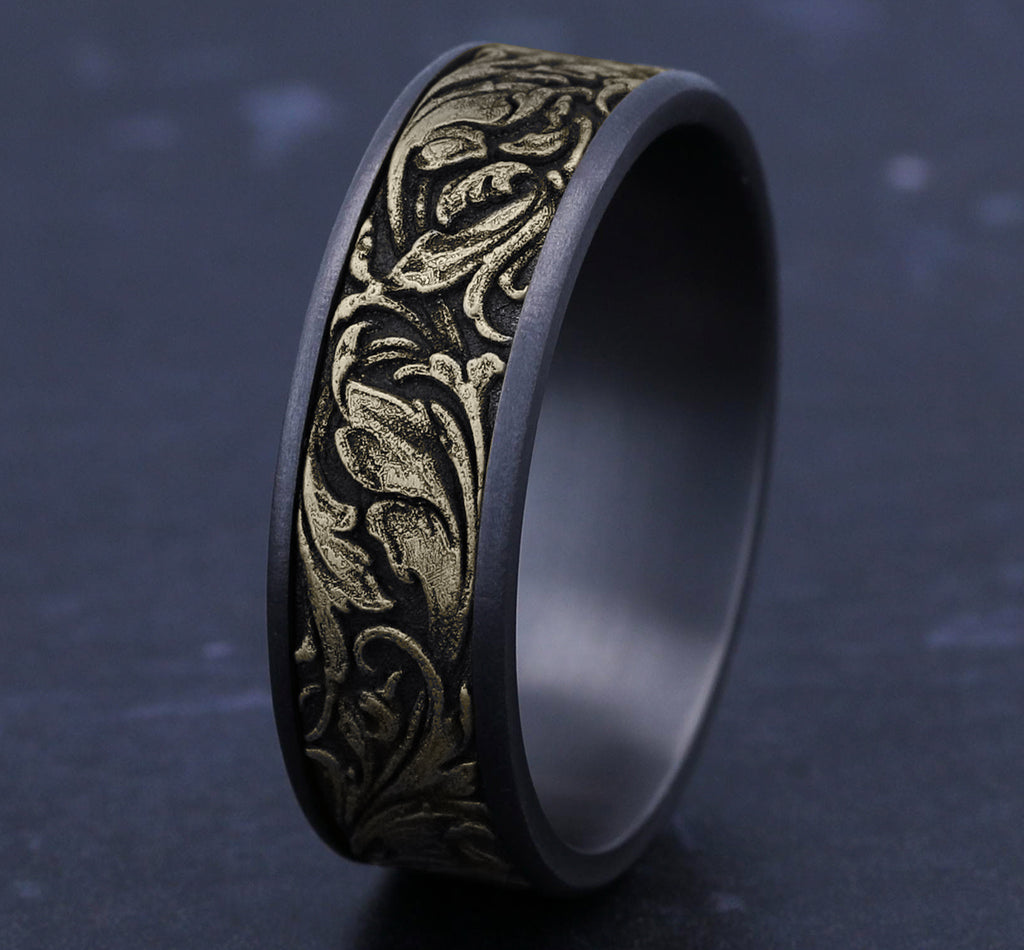 THE VINEYARD 7.5mm, Comfort fit, Grey Tantalum and 14K Yellow Gold, Vine pattern, thin edges