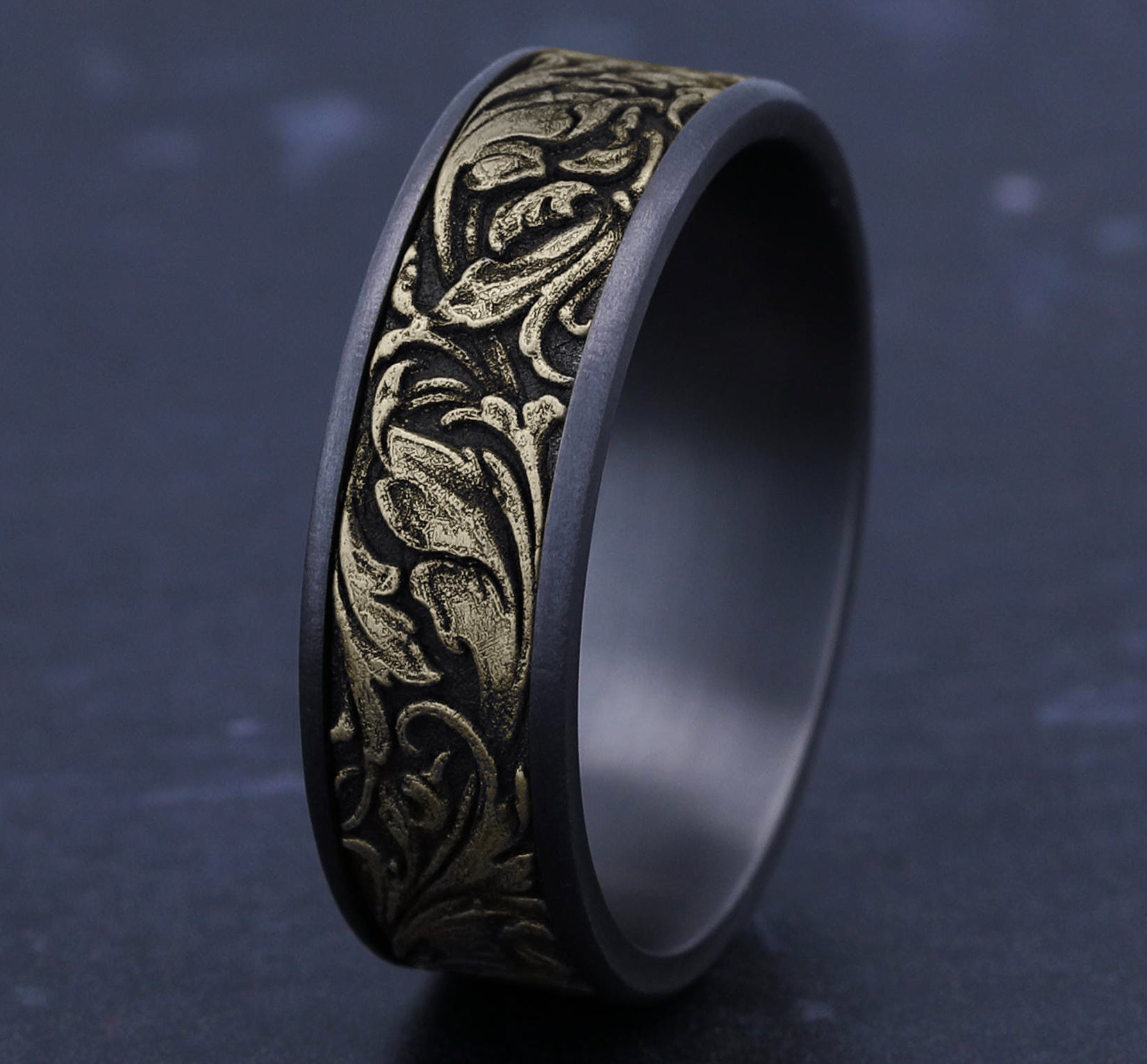 THE VINEYARD 7.5mm, Comfort fit, Grey Tantalum and 14K Yellow Gold, Vine pattern, thin edges