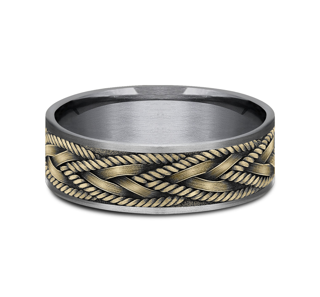 THE BRAID 7.5mm, Comfort fit, Grey Tantalum and 14K Yellow Gold, Rope and wheat knot braid pattern, thin edges
