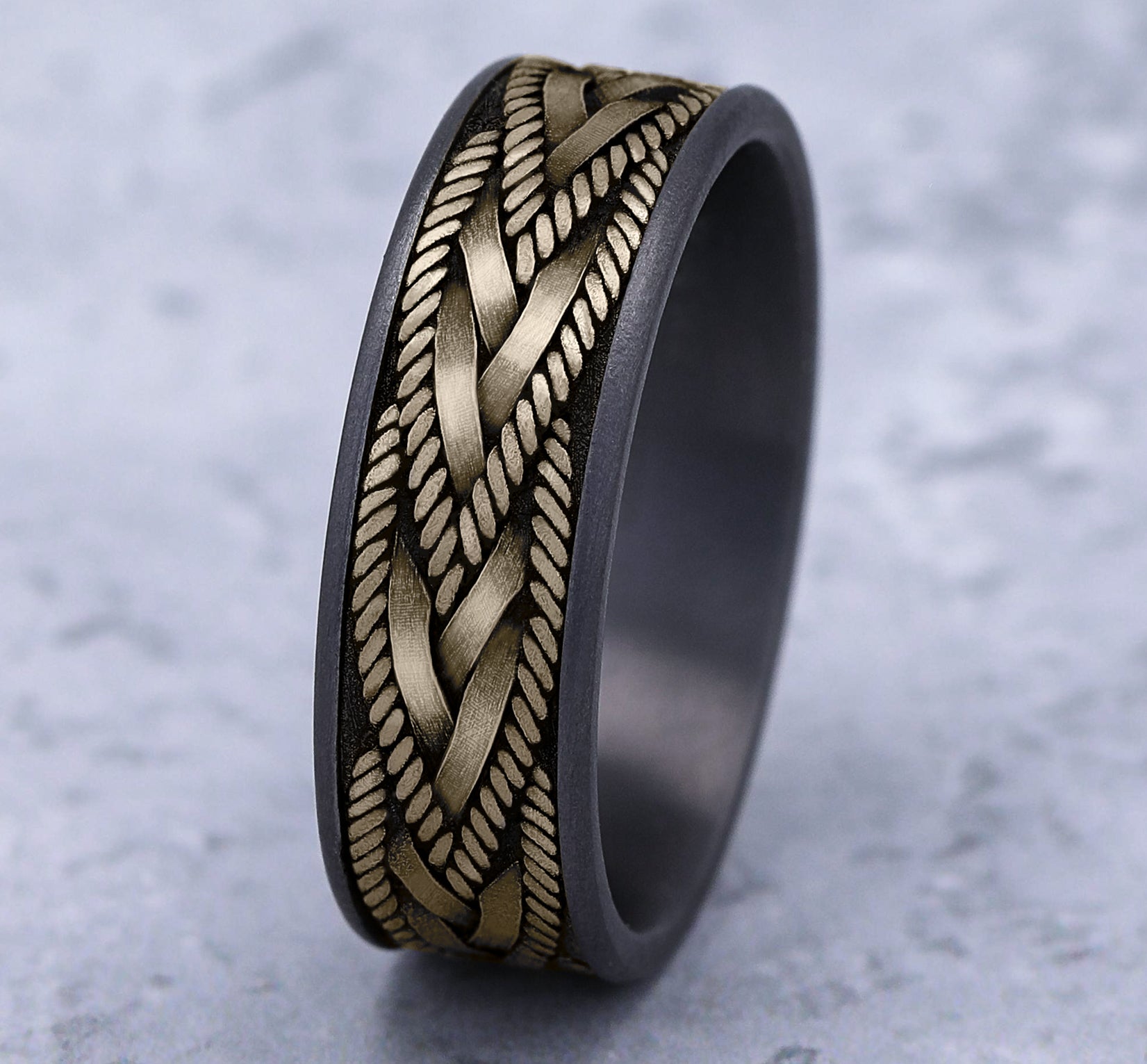 THE BRAID 7.5mm, Comfort fit, Grey Tantalum and 14K Yellow Gold, Rope and wheat knot braid pattern, thin edges