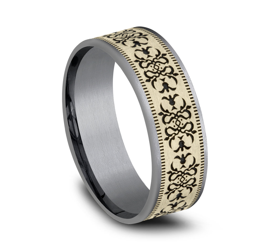 THE CORTONA 7.5mm, Comfort fit, Grey Tantalum and 14K Yellow, Baroque style pattern with milgrain detail