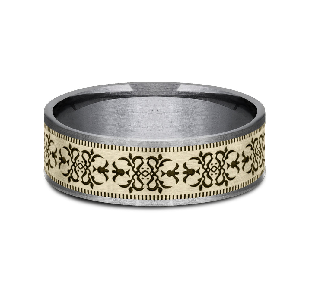 THE CORTONA 7.5mm, Comfort fit, Grey Tantalum and 14K Yellow, Baroque style pattern with milgrain detail