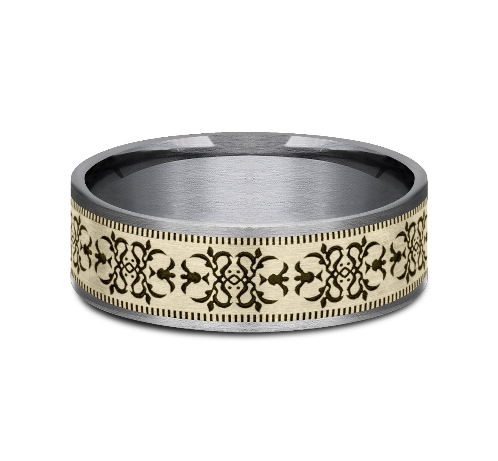 THE CORTONA 7.5mm, Comfort fit, Grey Tantalum and 14K Yellow, Baroque style pattern with milgrain detail