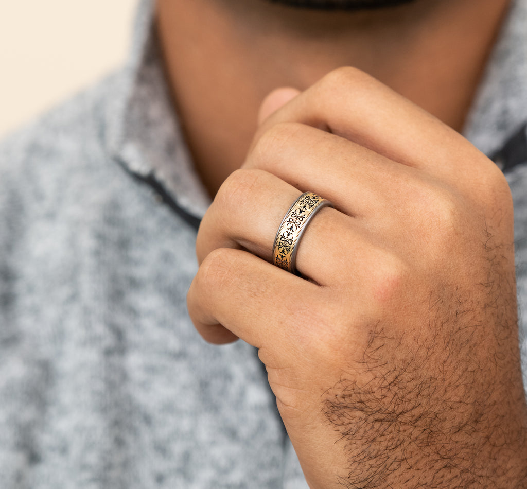 THE CORTONA 7.5mm, Comfort fit, Grey Tantalum and 14K Yellow, Baroque style pattern with milgrain detail