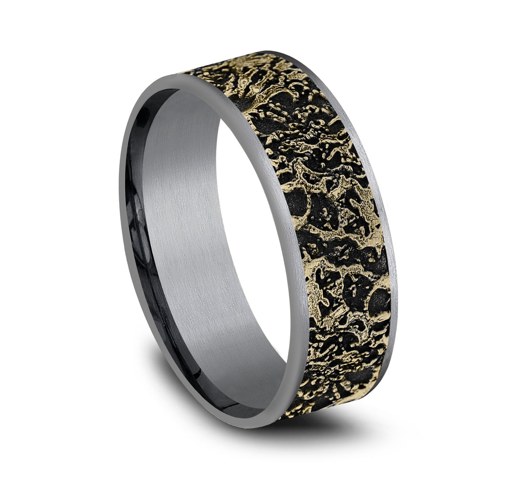 THE POLLOCK 7.5mm, Comfort fit, Grey Tantalum and 14K Yellow Gold, Abstract pattern, thin edges