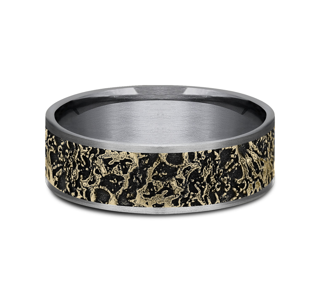 THE POLLOCK 7.5mm, Comfort fit, Grey Tantalum and 14K Yellow Gold, Abstract pattern, thin edges