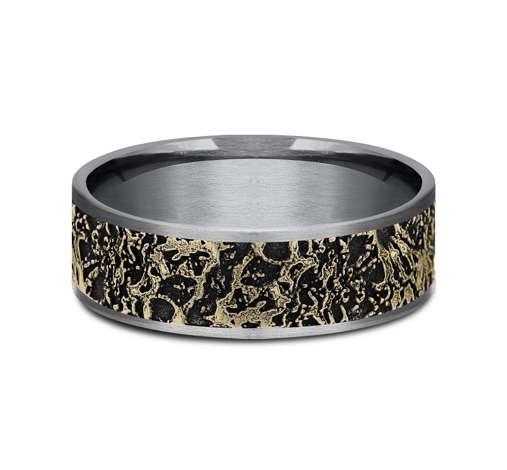 THE POLLOCK 7.5mm, Comfort fit, Grey Tantalum and 14K Yellow Gold, Abstract pattern, thin edges