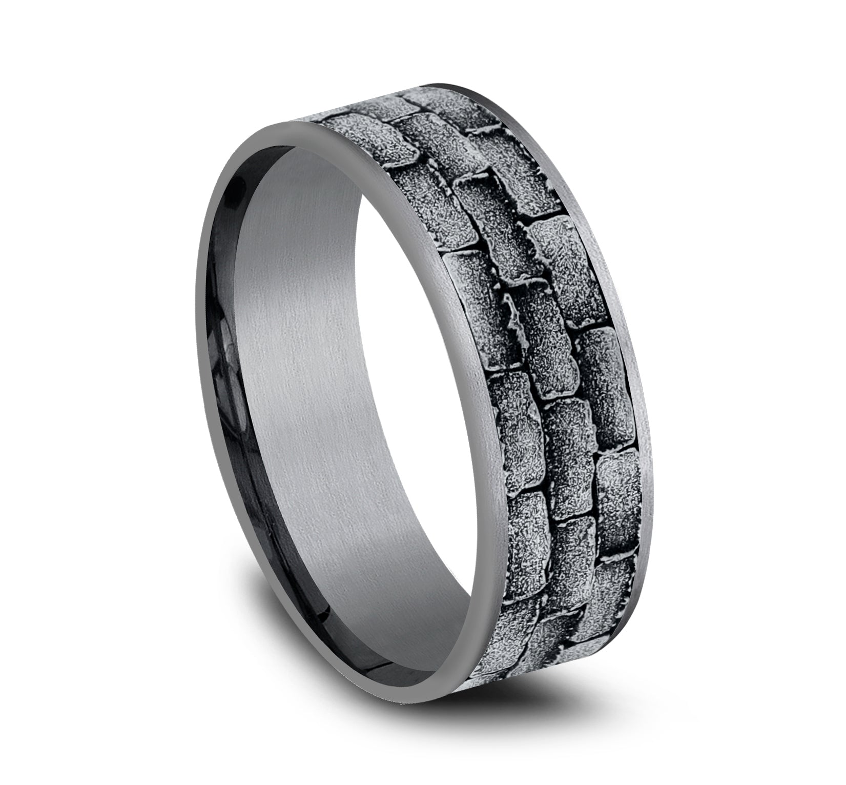 THE MASON 7.5mm, Comfort fit, Grey Tantalum and 14K White Gold, Brick pattern, thin edges