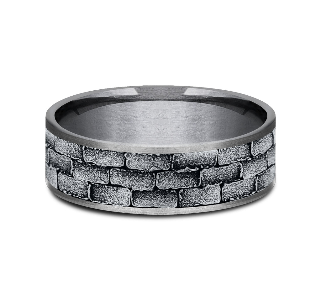 THE MASON 7.5mm, Comfort fit, Grey Tantalum and 14K White Gold, Brick pattern, thin edges