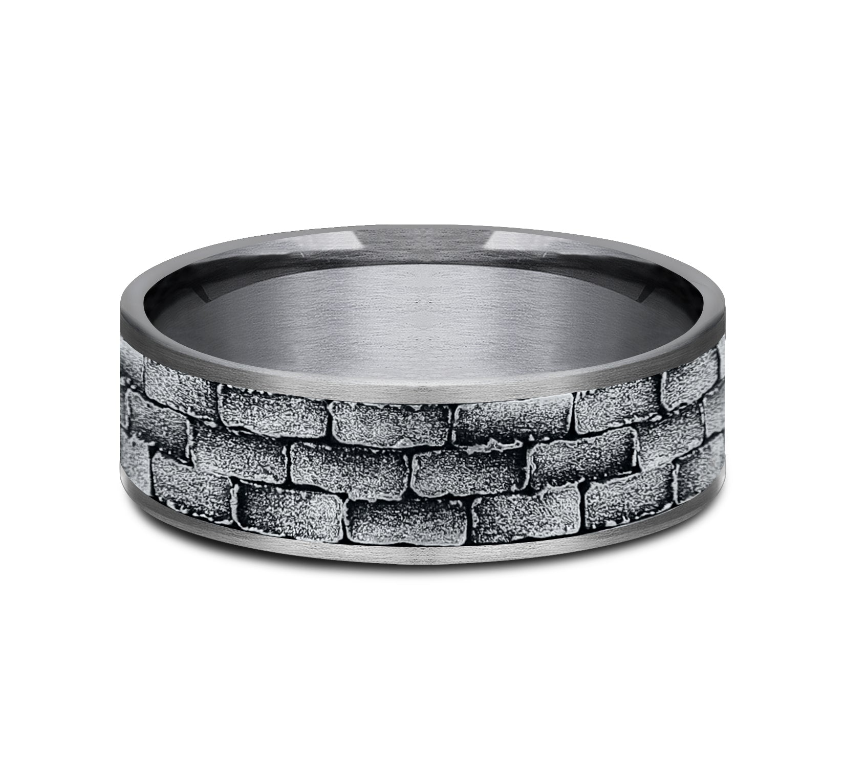 THE MASON 7.5mm, Comfort fit, Grey Tantalum and 14K White Gold, Brick pattern, thin edges