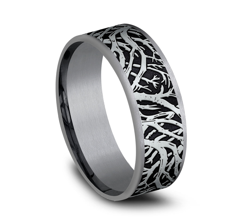 THE OLYMPIA 7.5mm, Comfort fit, Grey Tantalum and 14K White Gold, Forest branch pattern, thin edges