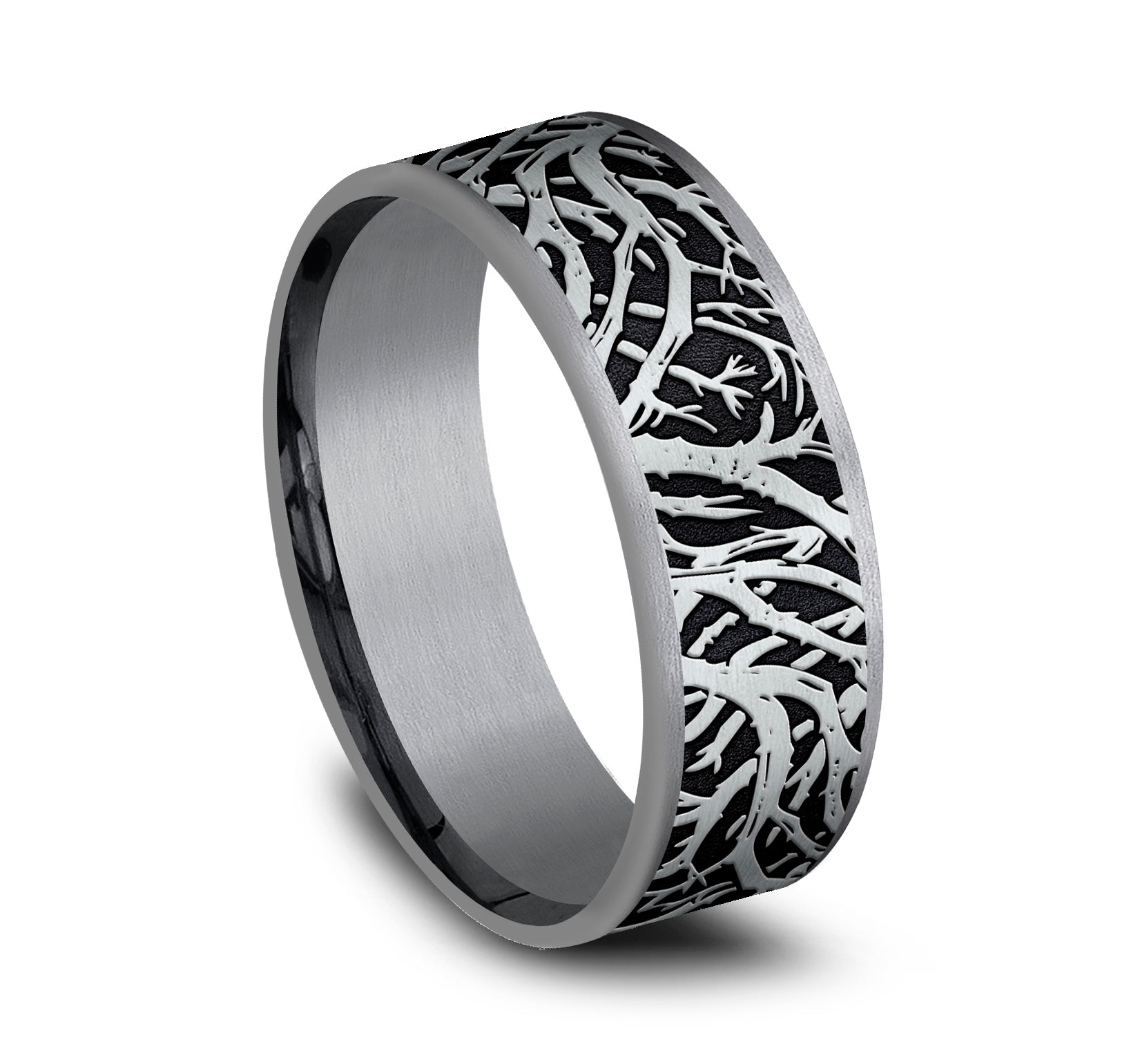 THE OLYMPIA 7.5mm, Comfort fit, Grey Tantalum and 14K White Gold, Forest branch pattern, thin edges