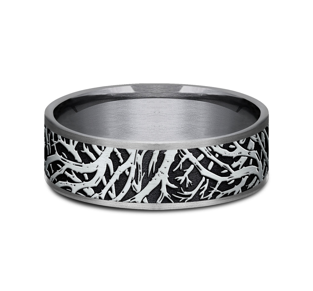 THE OLYMPIA 7.5mm, Comfort fit, Grey Tantalum and 14K White Gold, Forest branch pattern, thin edges