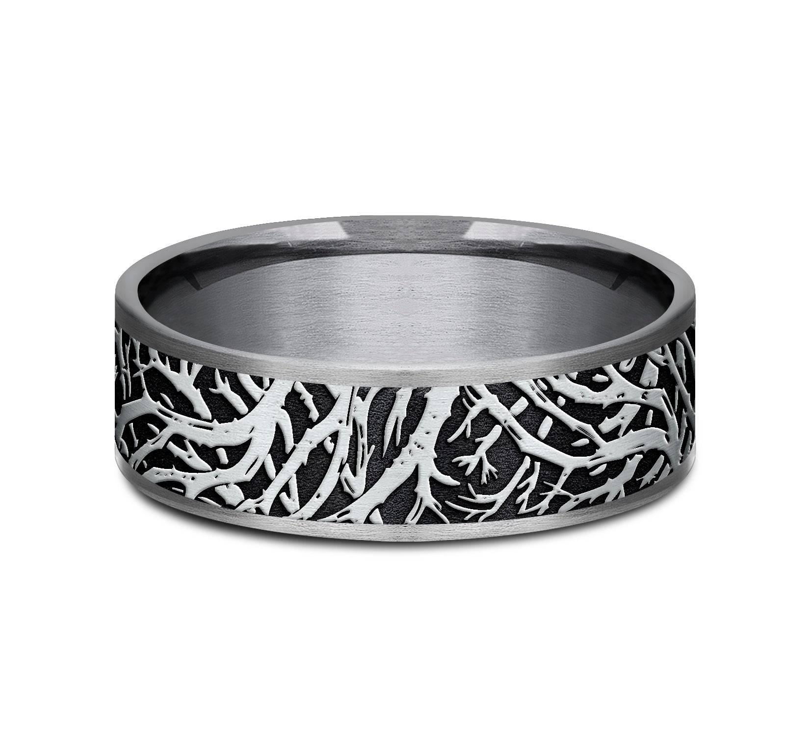 THE OLYMPIA 7.5mm, Comfort fit, Grey Tantalum and 14K White Gold, Forest branch pattern, thin edges