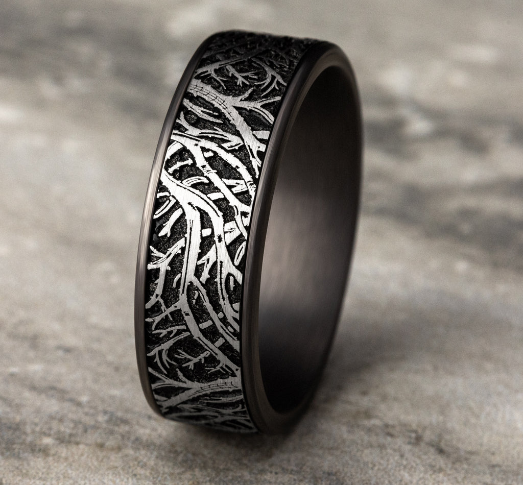 THE OLYMPIA 7.5mm, Comfort fit, Grey Tantalum and 14K White Gold, Forest branch pattern, thin edges