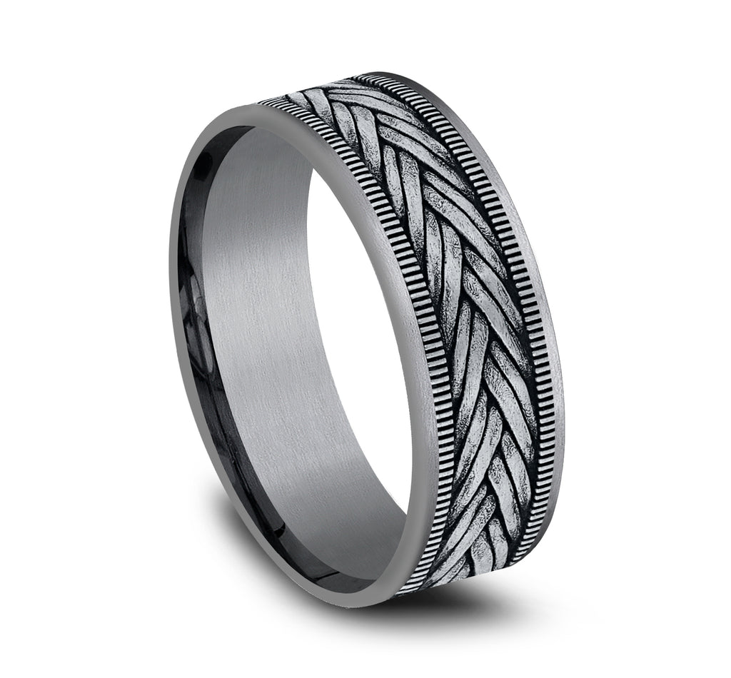 THE WHEAT 7.5mm, Comfort fit, Grey Tantalum and 14K White Gold, Wheat weave pattern, thin edges