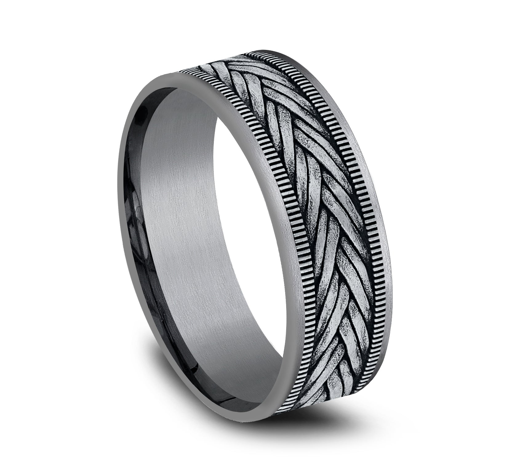 THE WHEAT 7.5mm, Comfort fit, Grey Tantalum and 14K White Gold, Wheat weave pattern, thin edges