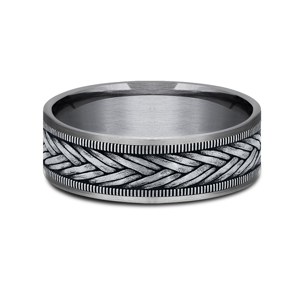 THE WHEAT 7.5mm, Comfort fit, Grey Tantalum and 14K White Gold, Wheat weave pattern, thin edges