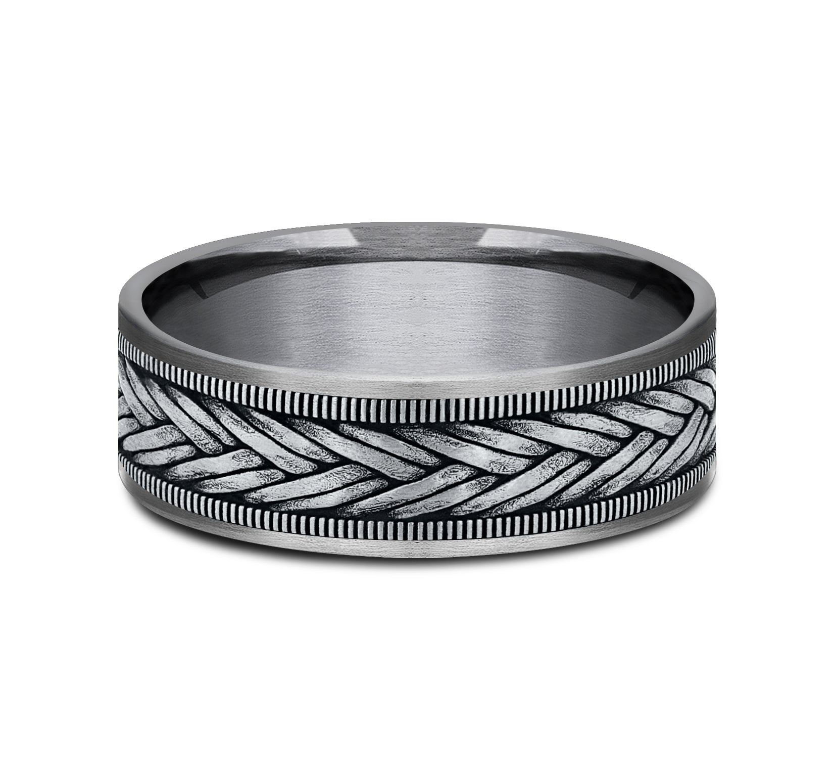 THE WHEAT 7.5mm, Comfort fit, Grey Tantalum and 14K White Gold, Wheat weave pattern, thin edges