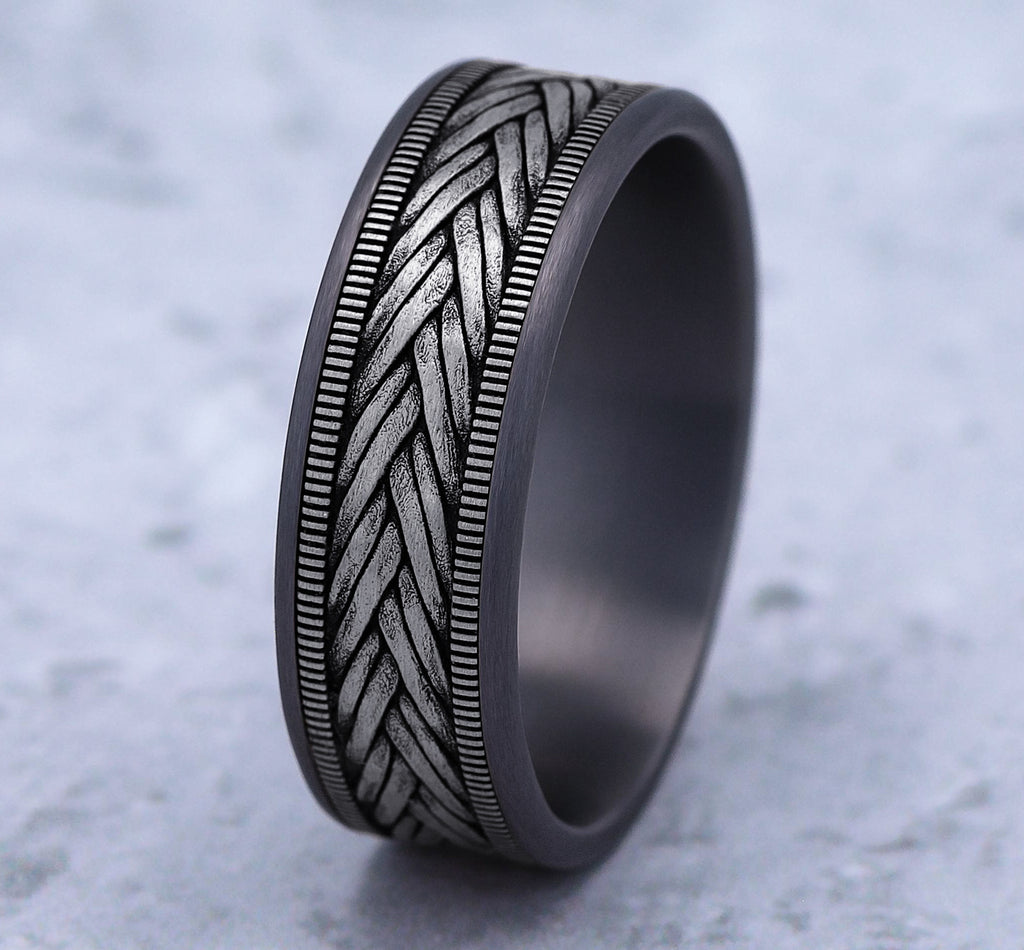 THE WHEAT 7.5mm, Comfort fit, Grey Tantalum and 14K White Gold, Wheat weave pattern, thin edges