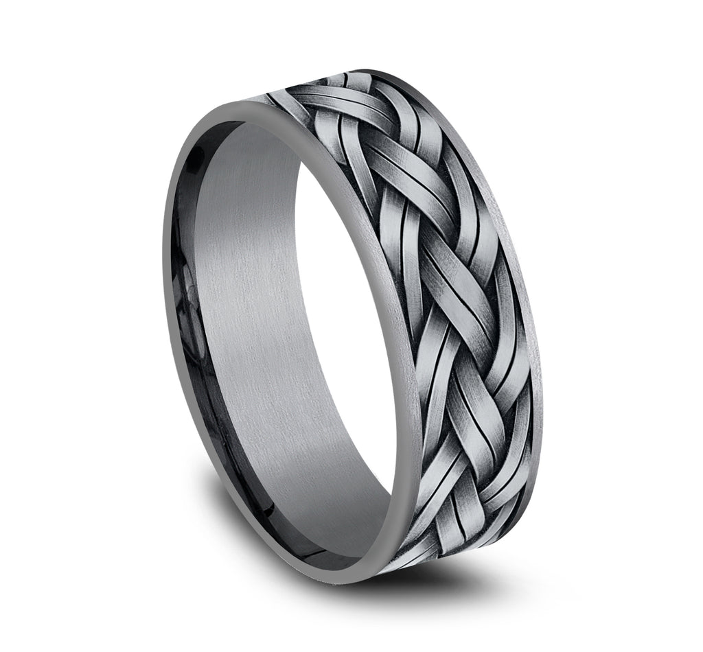 THE ROPE 7.5mm, Comfort fit, Grey Tantalum and 14K White Gold, Braided rope pattern, thin edges