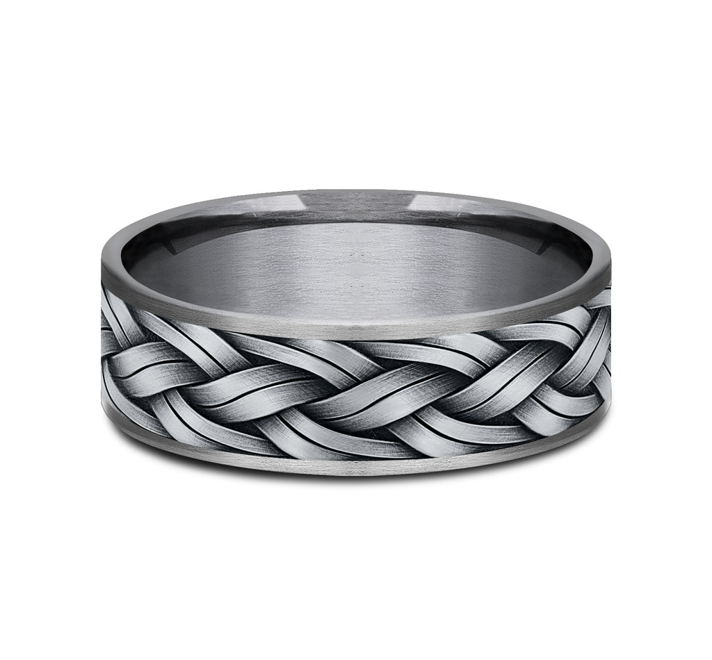 THE ROPE 7.5mm, Comfort fit, Grey Tantalum and 14K White Gold, Braided rope pattern, thin edges