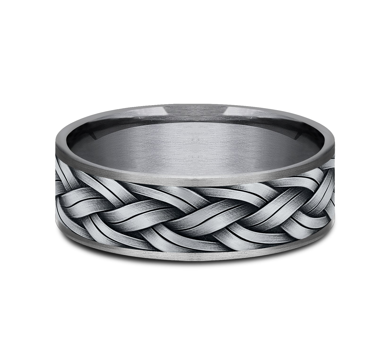 THE ROPE 7.5mm, Comfort fit, Grey Tantalum and 14K White Gold, Braided rope pattern, thin edges