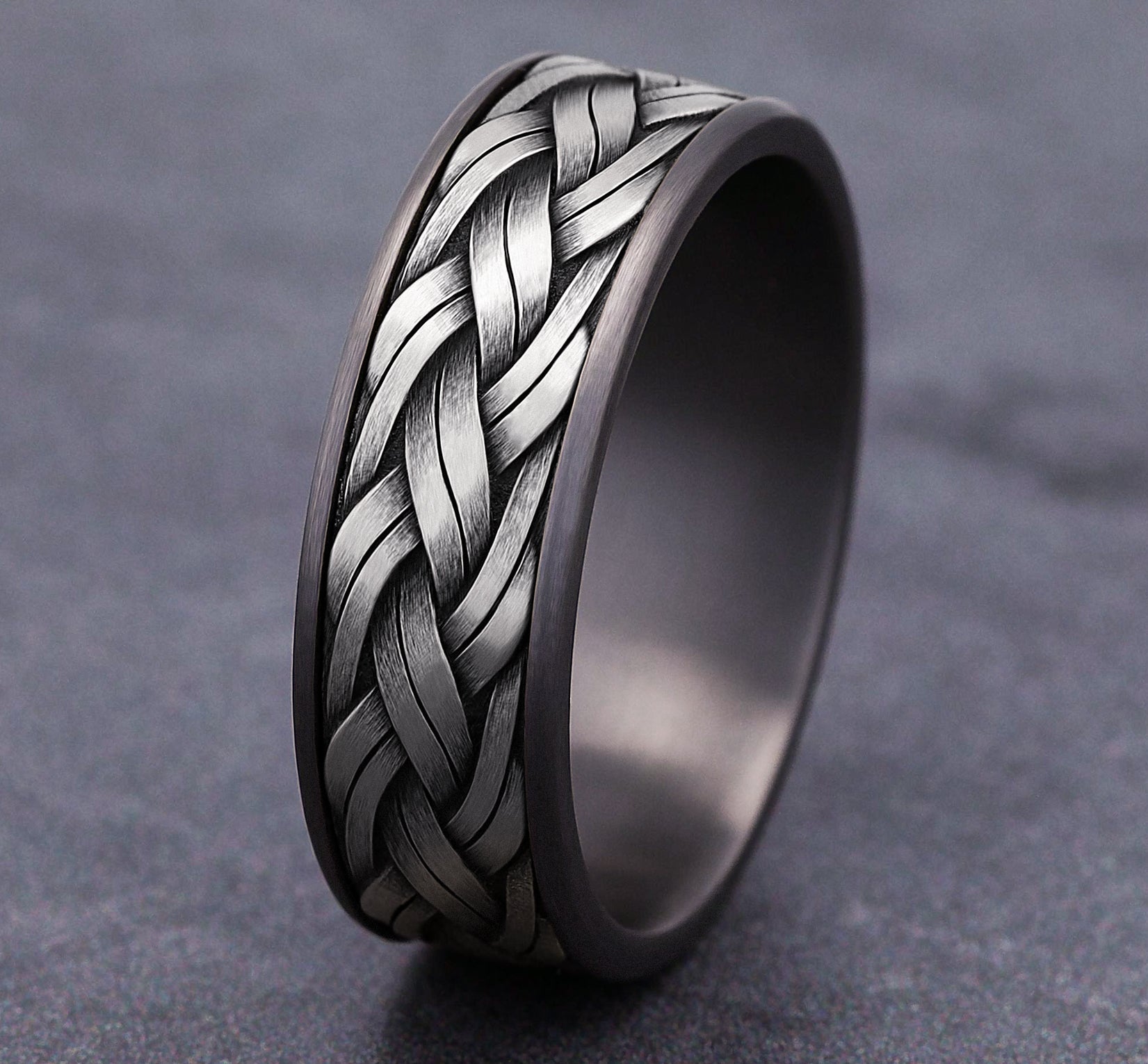 THE ROPE 7.5mm, Comfort fit, Grey Tantalum and 14K White Gold, Braided rope pattern, thin edges