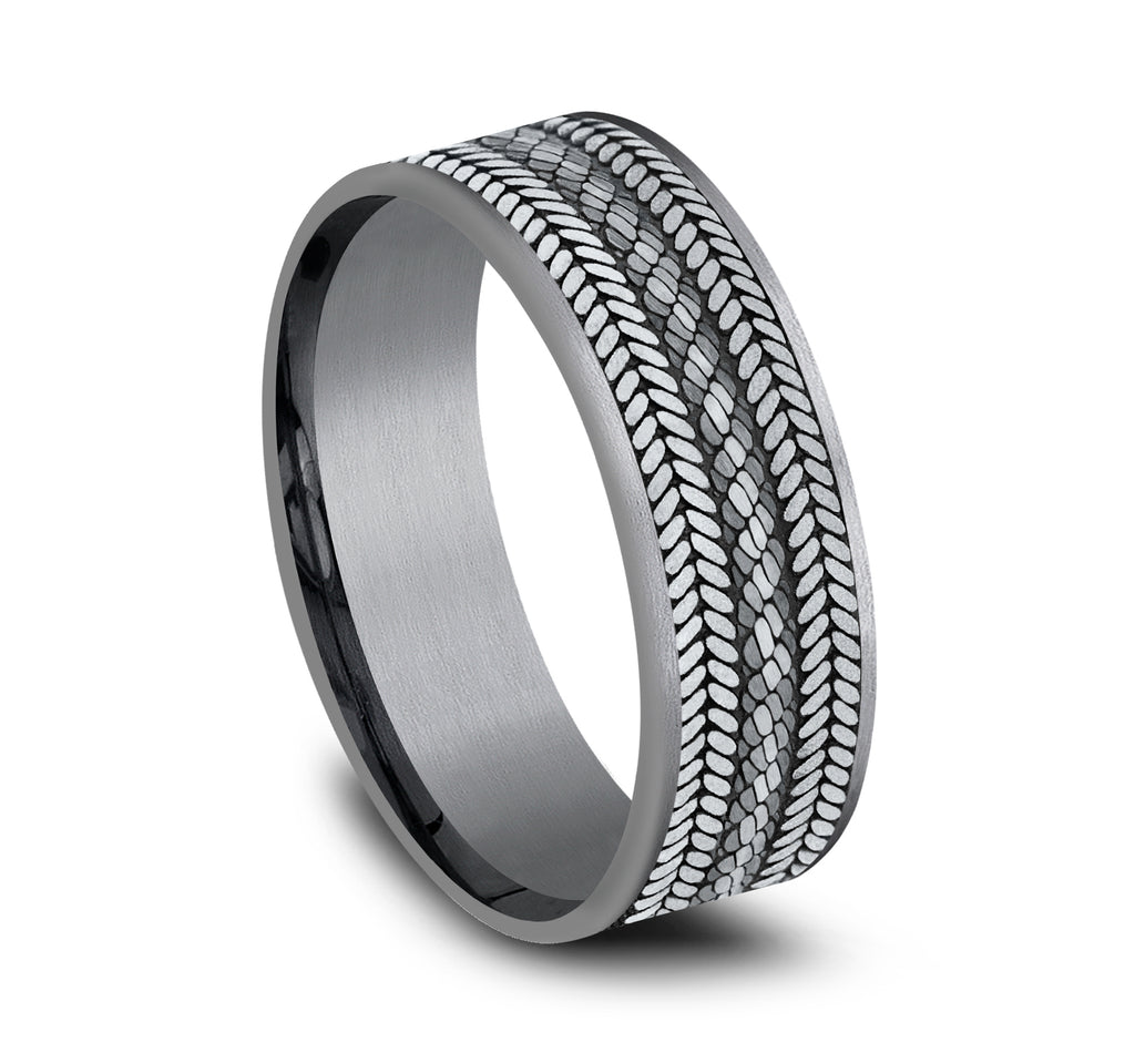 THE CORDOVAN 7.5mm, Comfort fit, Grey Tantalum and 14K White Gold, Rope center with chevron edge pattern, thin edges