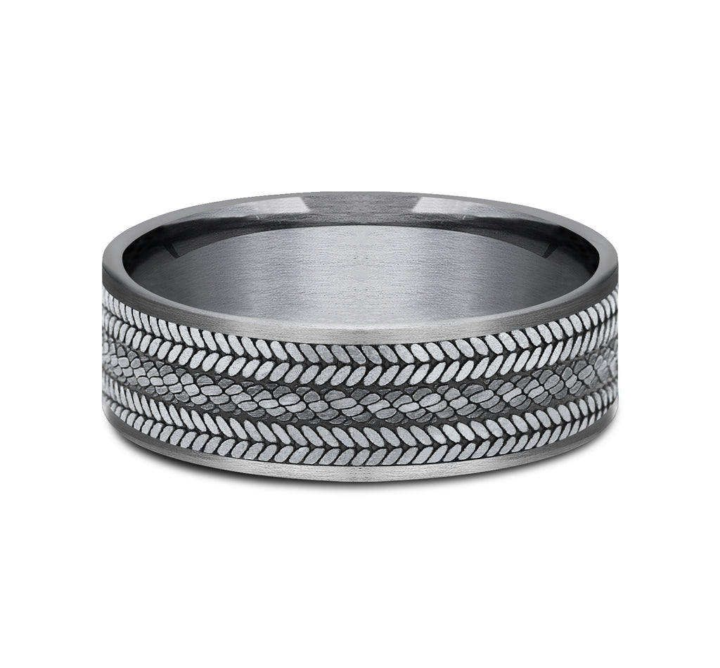 THE CORDOVAN 7.5mm, Comfort fit, Grey Tantalum and 14K White Gold, Rope center with chevron edge pattern, thin edges