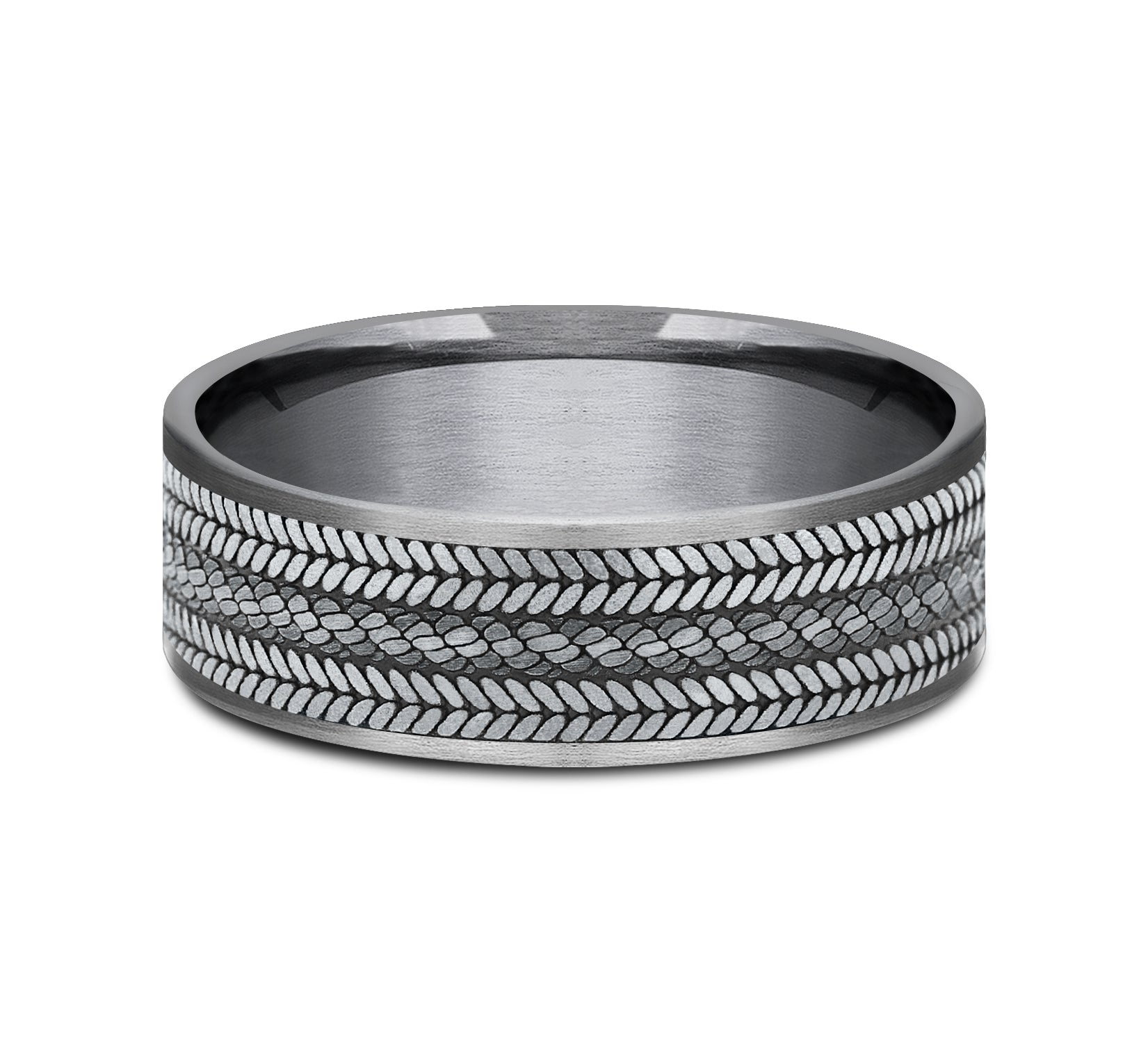 THE CORDOVAN 7.5mm, Comfort fit, Grey Tantalum and 14K White Gold, Rope center with chevron edge pattern, thin edges