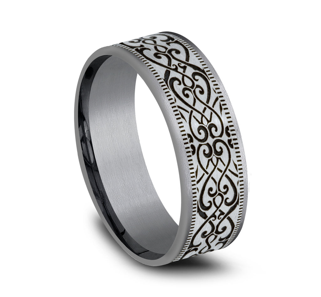 THE BASILICA 7.5mm, Comfort fit, Grey Tantalum and 14K White, Baroque style pattern with milgrain detail