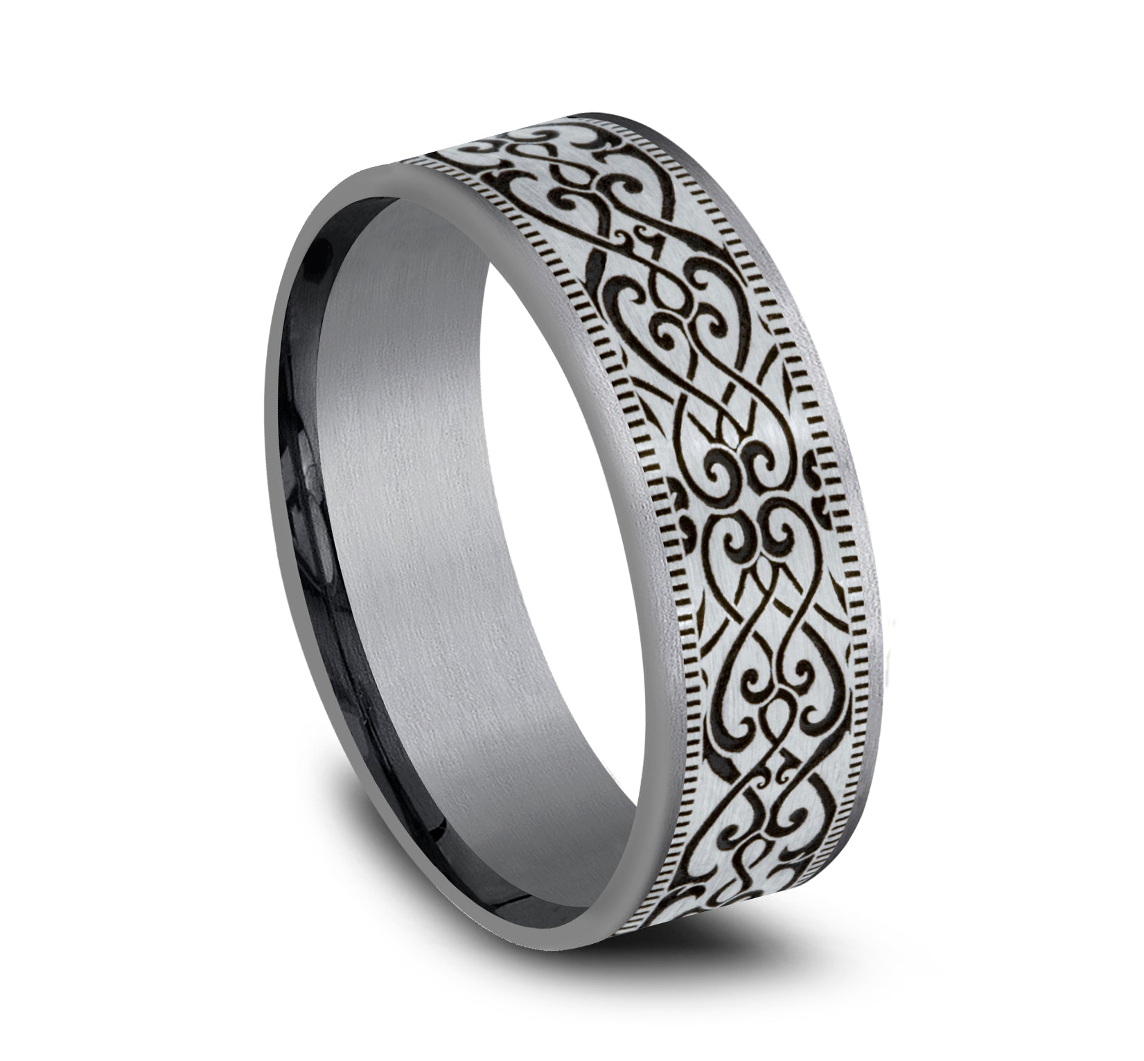THE BASILICA 7.5mm, Comfort fit, Grey Tantalum and 14K White, Baroque style pattern with milgrain detail
