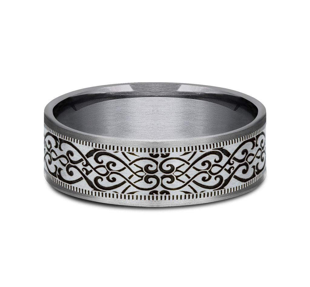 THE BASILICA 7.5mm, Comfort fit, Grey Tantalum and 14K White, Baroque style pattern with milgrain detail