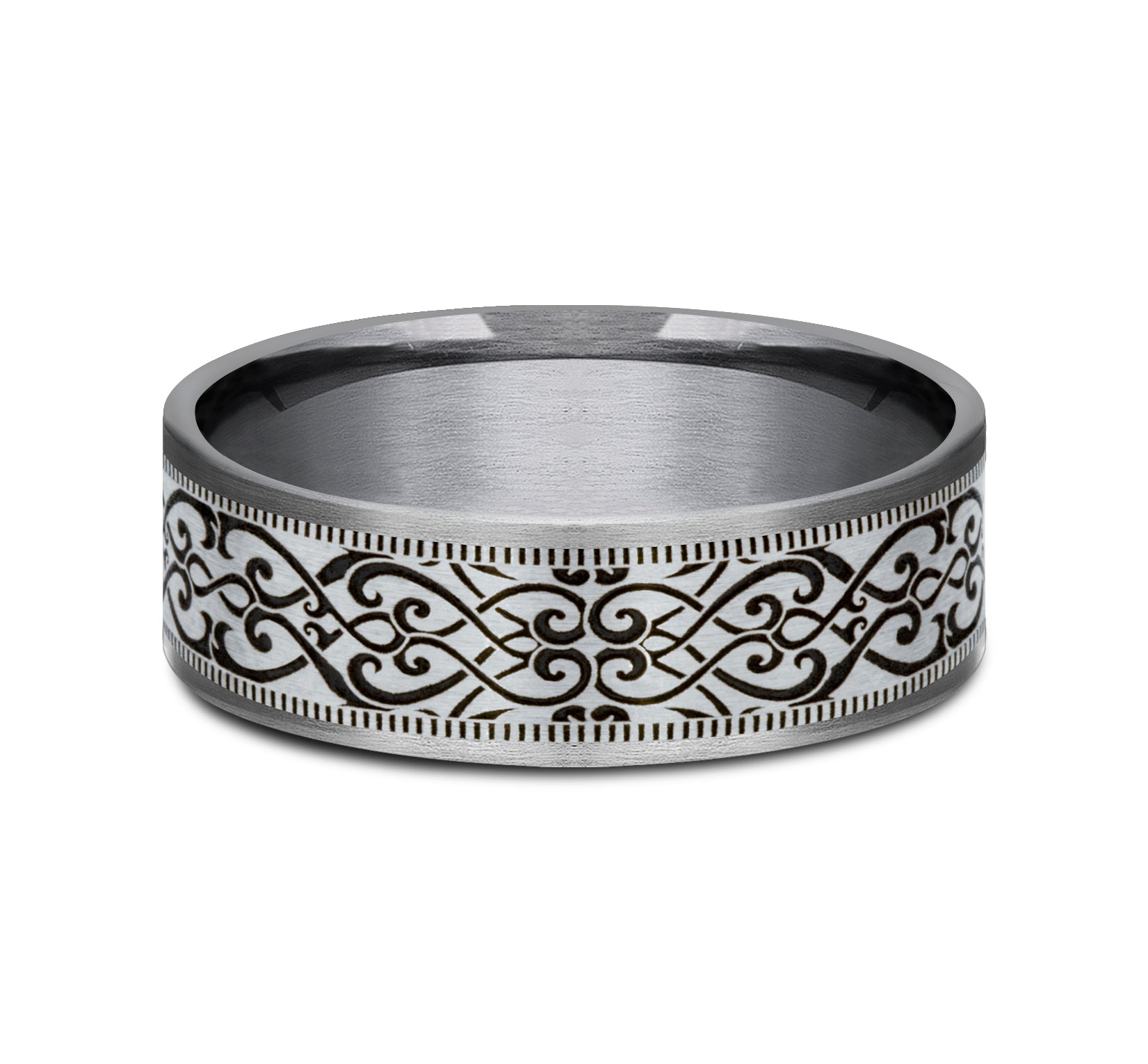 THE BASILICA 7.5mm, Comfort fit, Grey Tantalum and 14K White, Baroque style pattern with milgrain detail
