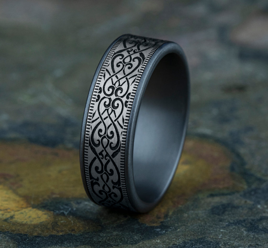 THE BASILICA 7.5mm, Comfort fit, Grey Tantalum and 14K White, Baroque style pattern with milgrain detail