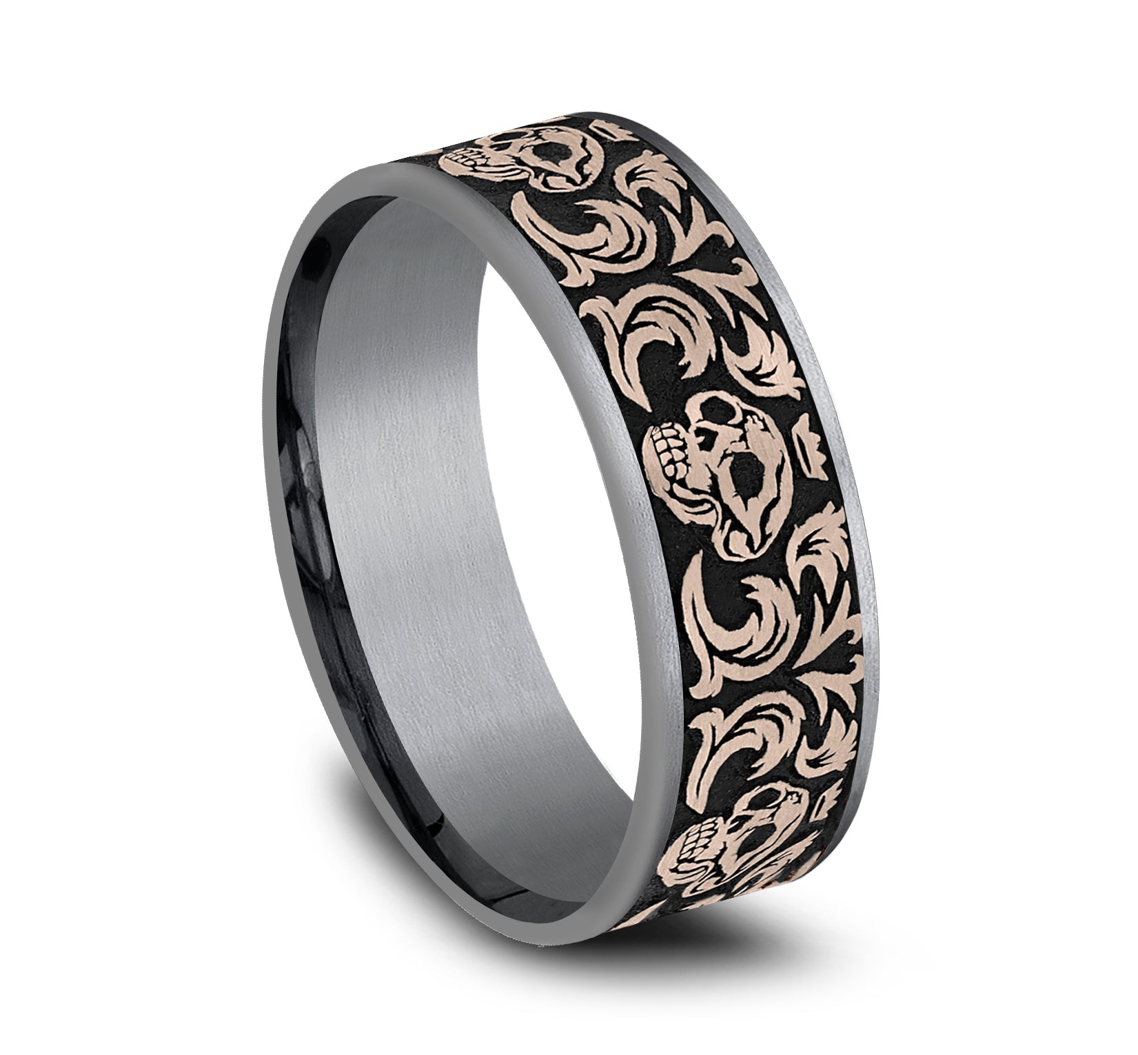 THE SKULL KING 7.5mm, Comfort fit, Grey Tantalum and 14K Rose Gold, Skull king pattern, thin edges