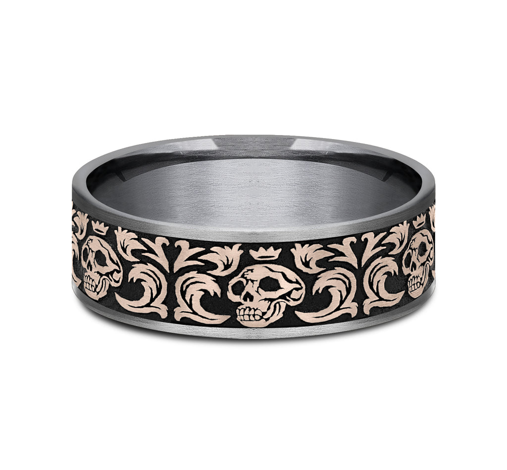 THE SKULL KING 7.5mm, Comfort fit, Grey Tantalum and 14K Rose Gold, Skull king pattern, thin edges