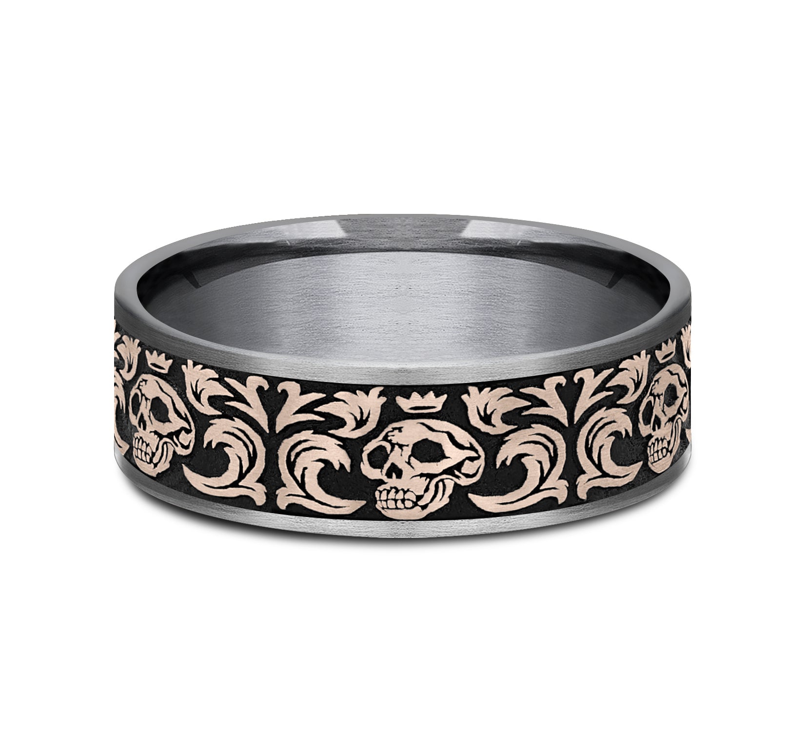 THE SKULL KING 7.5mm, Comfort fit, Grey Tantalum and 14K Rose Gold, Skull king pattern, thin edges